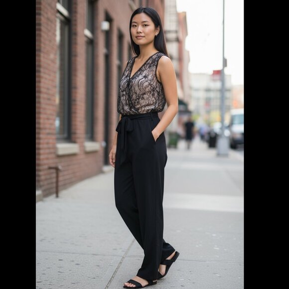Naf Naf Lace Jumpsuit Surplice Neck Tie Waist Sheer French Style FR 34 US Small - Picture 1 of 10